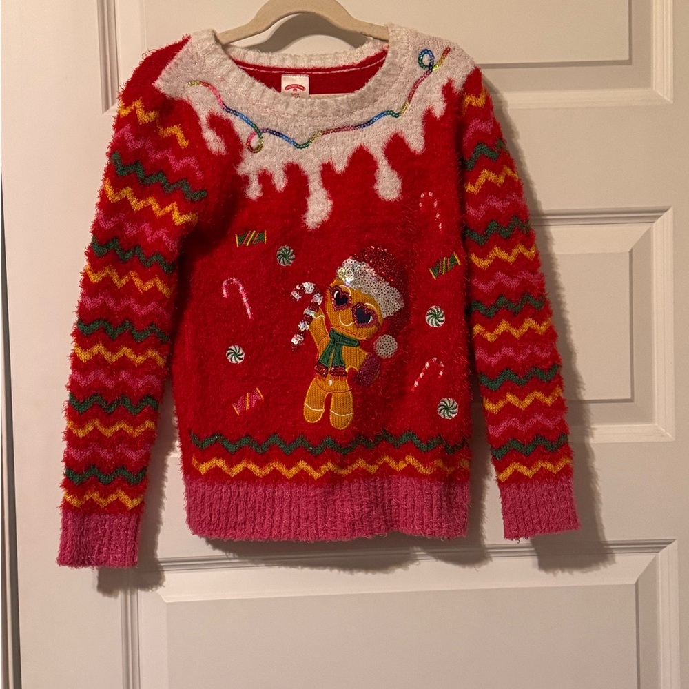 Girl's Festive Red and Pink Sweater with Gingerbread Design
